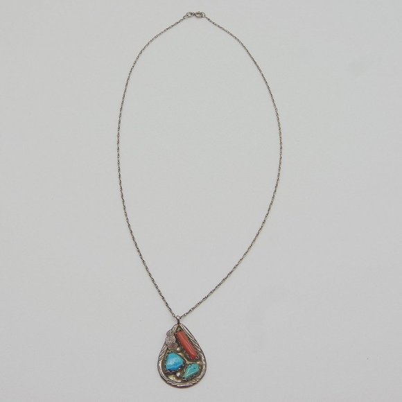 F Cheama Vintage Zuni Sterling Silver Pendant Necklace Turquoise and Coral - Picture 4 of 7